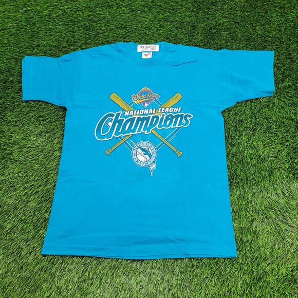 Vintage 1997 Florida Marlins Baseball Shirt Large 20x27 World-Series Blue - Picture 1 of 13